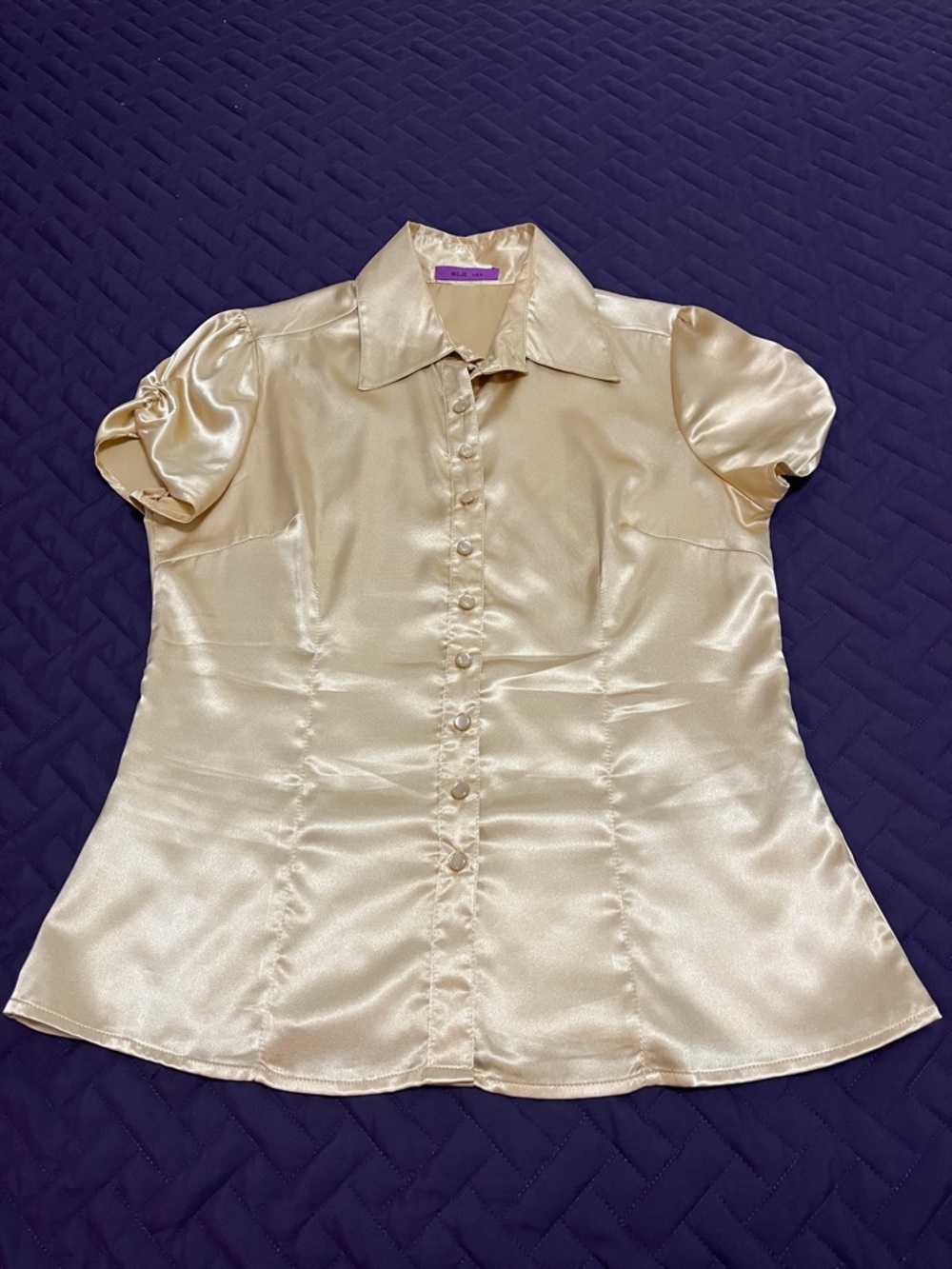 Satin Short-Sleeve Button-Front Blouse in Light Gold